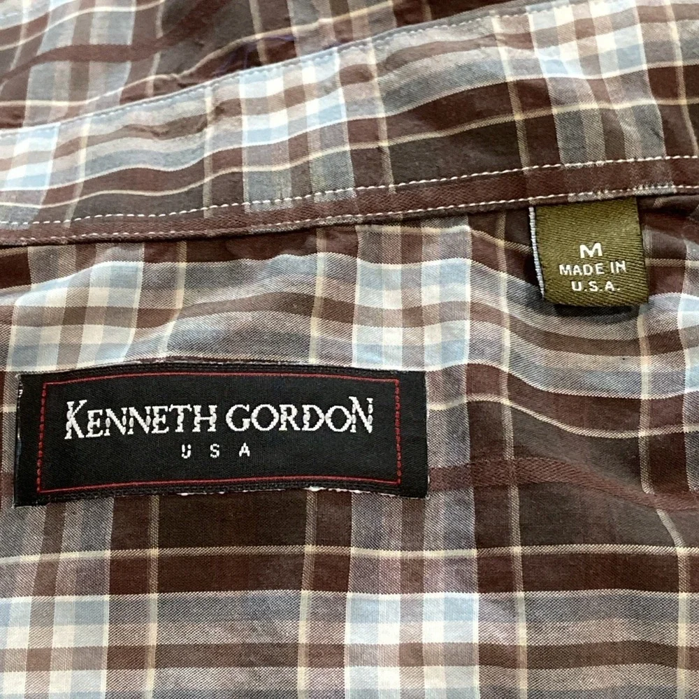 Vintage Kenneth Gordon Plaid‎ Button Down Shirt Men Size M Brown Blue USA Made